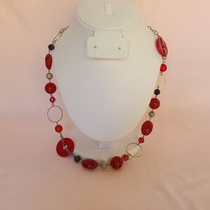 Chunky Red Beaded Disc Faceted Starion Statement Fun Funky Eccentric Necklace